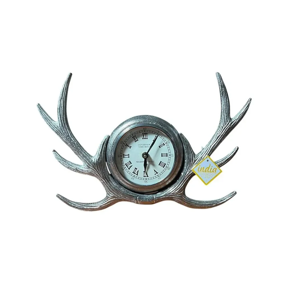 Governer's Time House Antler Mantel Clock Silver Metal Quartz Lodge Decor India